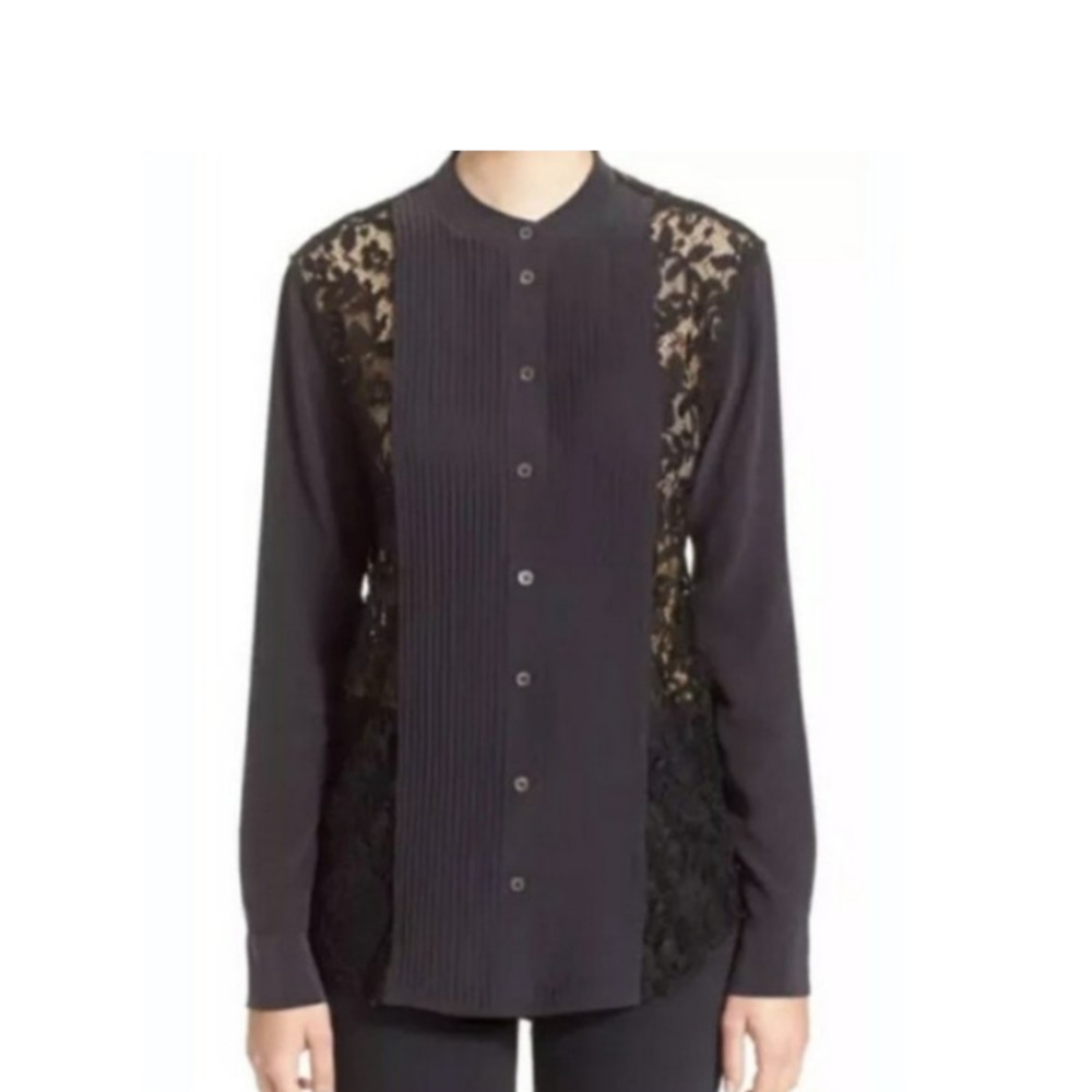Equipment Femme Black Silk and Lace Pleated Bib Band Collar Blouse S